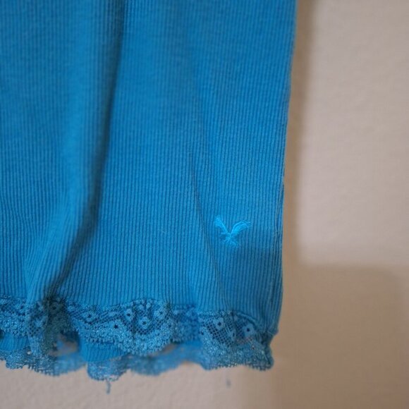 Vintage 2000s Y2K American Eagle Teal Lace Trimmed Slim Fit Ribbed Tank Top  Siz - Picture 2 of 5